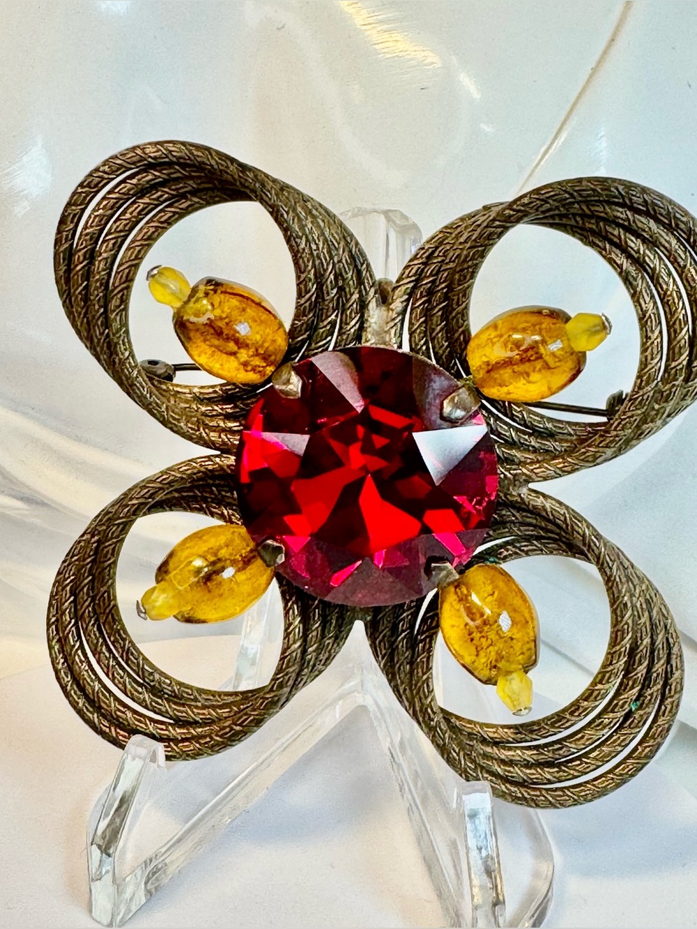 Mid-Century Red & Amber Large Flower Brooch